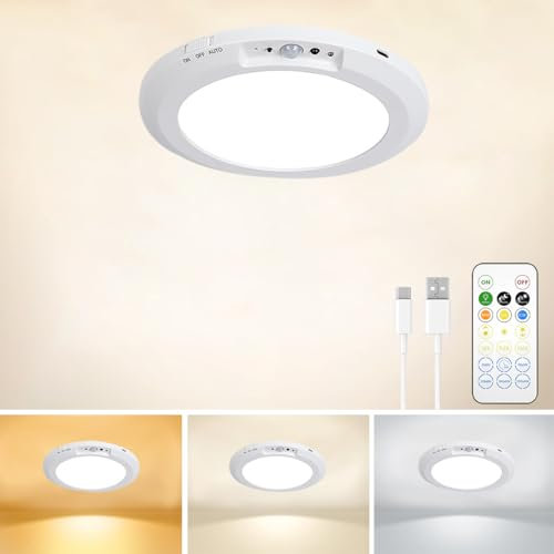 Luz de techo del sensor de movimiento recargable,Luz de techo LED del sensor de movimiento,Luz de techo magnético con 3 colores y brillo, lámparas de techo de sensor para armarios, duchas, escaleras