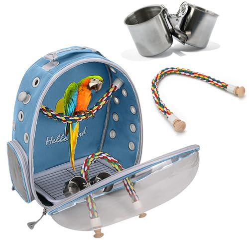 PETCUTE Multifunktionaler Rucksack für Vögel mit Holzstab, Leichte Träger Vogel Transporttasche, Papageien Reiserucksack mit Edelstahl-Tablett und Stehstange, Vogel Transportbox-Blau