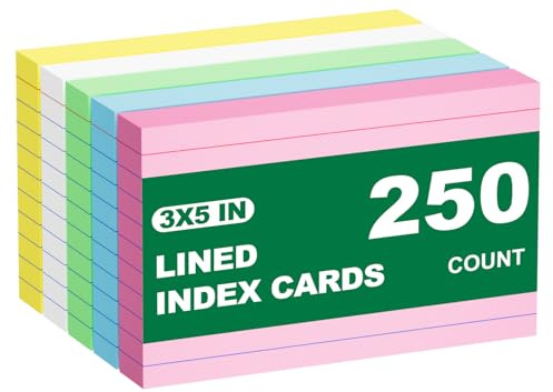 Colored Index Cards 3x5 Inch, 250 Count Ruled Flash Cards for Studying