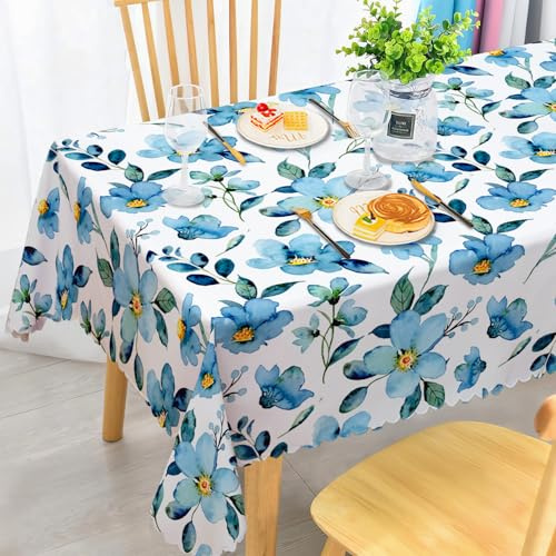 iEvery Blue Flower Tablecloth Wipe Clean, Wipeable Floral Table Cloth Rectangular Waterproof Stain-Resistant Polyester Table Cover for Dinning Kitchen Outdoor Home Decoration 140x180cm