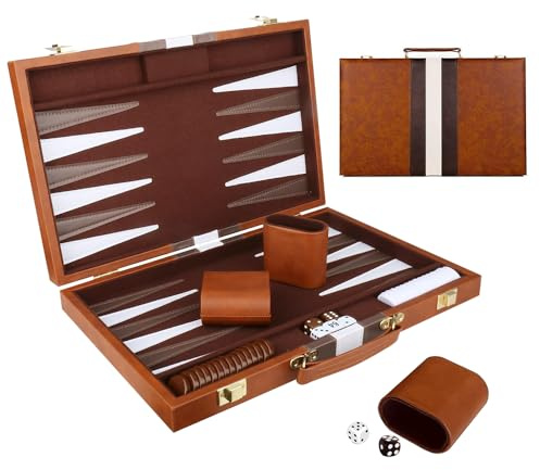 Backgammon Set, 11 Inch 2 Players Travel Backgammon Set with Premium Leather Case, Acrylic Playing Pieces and Dice Cups, Portable Backgammon Sets Luxury for Adults(Brown)