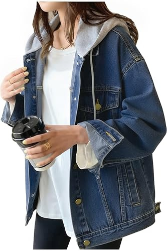LifeShe Women's denim jacket with hood oversized distressed jean jackets hoodie, Z-blue, XL
