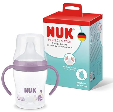 NUK Perfect Match Learner Bottle | 6+ Months | 150ml | Leak Proof Sippy Cup Toddler Bottle | Anti-Slip Handles | Hippo | 1 Count