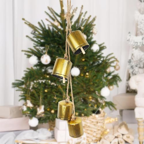 CEWUDA Weihnachtsglöckchen zum Aufhängen Vintage Glöckchen Weihnachtsglocken Gold mit 4 Rustikalen Messingglocken mit Hanfseil Weihnachtsglocke für Weihnachtsbaum Treppe Geländer Tür Weihnachten Deko