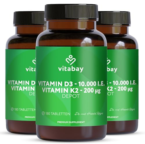 Vitabay Vitamin D3 + K2 Depot – 540 vegane Tabletten – hochdosiert | 10.000 IE Premium Vitamin D3 mit K2-MK7 All-Trans – ohne Zusätze – vegan & laborgeprüft in Deutschland – 3er Bundle