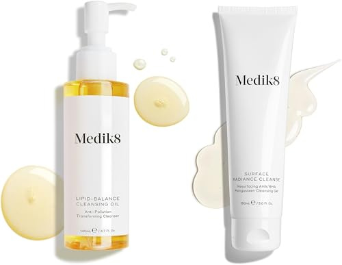 Medik8 Lipid-Balance Cleansing Oil (140ml) & Surface Radiance Cleanse (150ml) - Makeup Dissolving Transforming Cleanser & Resurfacing AHA/BHA Mangosteen Cleansing Gel