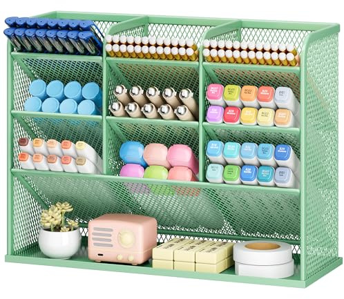 VITVITI Schreibtisch Organizer, 9 Fächer Stiftehalter, Netz Stifte Regal aus Metall, Stiftehalter Schreibtisch für Schule Heim Büro (Grün)
