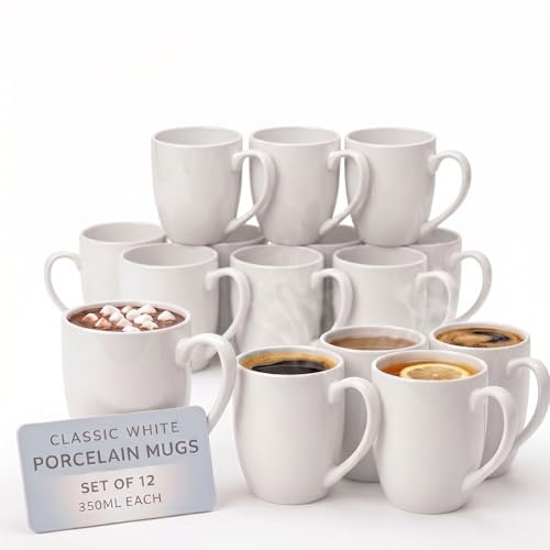 CUQOO Set di 12 tazze da caffè bianche, 350 ml, in ceramica di porcellana con manico, set di tazze grandi, lavabili in lavastoviglie e adatte al microonde, tazze sfuse per casa, ufficio e catering