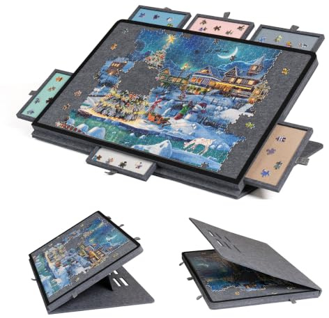 Becko US Tilting Puzzle Board with 2-in-1 Designed Stand & Cover, Lightweight Felt Storage Case with 6 Drawers for Adults, Portable Jigsaw Puzzle Table for Games Up to 1000 Pieces