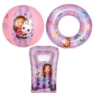 Set Piscine pour Gabby Chat 3 Pieces, Gonflable - Matelas, bouee, Ballon de Plage - Natation, Jeux d'eau - Set Jouet Enfant et Carte