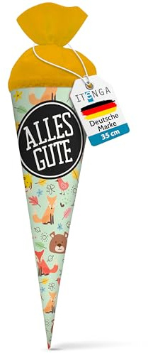 itenga Geschwisterschultüte 35cm Tiere Tiermuster Geschenkverpackung Schultüte Zuckertüte Filzverschluss Kinder Erwachsene (Waldtiere mit Text Alles Gute)