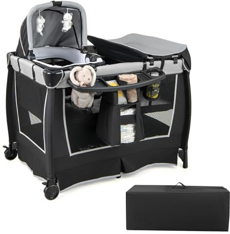 COSTWAY 6 in 1 Reisebett mit Matratze, mobile Babywiege mit verstellbarem Vordach, Babybett Beistellbett klappbar mit Wickelauflage, Spieluhr & Tragetasche für Baby bis 3 Jahre, 15 kg Belastbar (Grau)