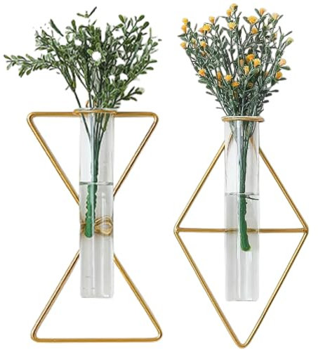 yaocoral nordische Wandvase zum Aufhängen, geometrische goldene Blumenvase, Wandhalterung, Metallrahmen, Vasen, Hydrokulturglas, Knospenvase, Dekoration für Zuhause, Hochzeit, Bauernhaus, 2 Stück