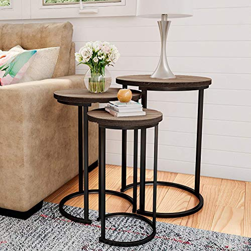Set of 3 Round Vintage Wooden/Steel Nesting Side Coffee Tables Stacking Sofa Side Tables, Space Saving Coffee Tea Table for Hallway Living Room Bedroom Office Rustic Brown+Black, Round