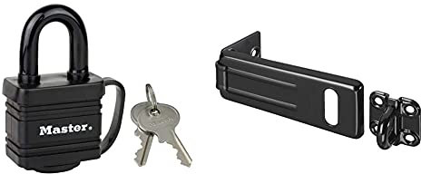 Master Lock 7804EURD Laminated Padlock with Key and Thermoplastic Cover, Black, 7,8 x 4 x 2,9 cm & 704EURDBLK Outdoor Door Padlock Hasp, Black, 11 x 4.4 cm