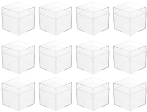 Cabilock 12 x Klare Acryl Kunststoff-Schmuckschatulle, Mini Aufbewahrungsbox, Mini Würfelbehälter mit Deckel, Aufbewahrungsbox für Süßigkeiten, Pillen und kleinen Schmuck (Quadratisch 5 cm)