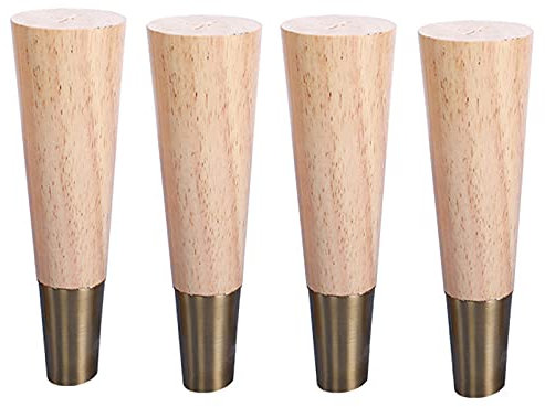 4 Stück Holz Tischbeine,Massivholz Schräg Konisch Ersatz Möbelfüße Möbelbeine,mit Gold Messing Abdeckung & Montageplatten & Schrauben für Sofa Bett Schrank(Color:natural,Size:18cm/7.08in)