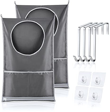 flintronic 2 Stück Wäschesack tür Hängend, Wäschesack Wäschesammler, Wäschesammler Aufhängen, Hängender Wäschekorb Tasche mit 2 Stück Edelstahl Türhaken & 2 Stück Saughaken