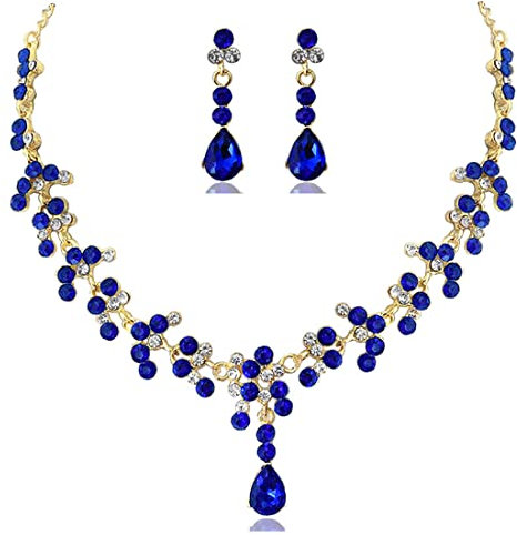 Prosy Braut Strass Halskette und Ohrring Set Kristall Halskette Braut Party Hochzeit Schmuck Sets für Frauen und Mädchen (Blau)