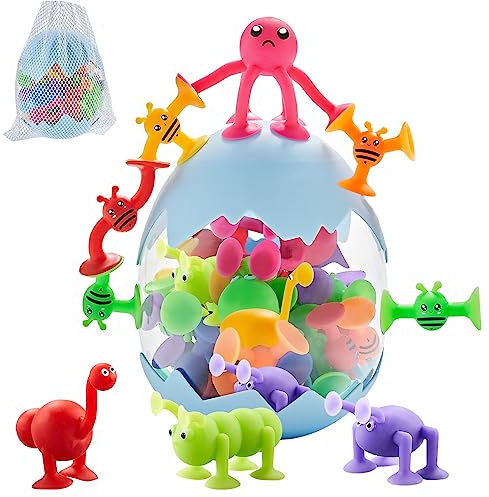 Saugnapf Spielzeug ab 3 Jahre, 40 Stück Silikonbausteine Saugspielzeug, Badespielzeug ab 4 5 6 Jahre mit Dinosauriereier , Badewannen Reise Spielzeug Autismus Sensorik Spielzeug für Jungen Mädchen