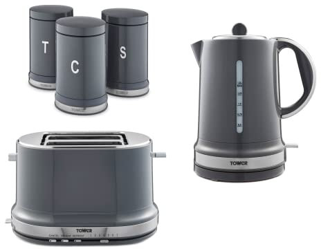 Tower Belle 1.5L 3KW Kettle, 2 Slice Toaster & Tea, Coffee & Sugar Canisters in Graphite Grey. Stylish Parisian Design Matching Kitchen Set of 5