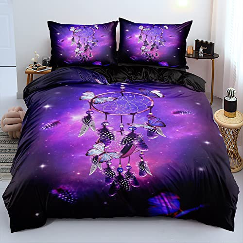 Gnomvaie Bettwäsche Traumfänger 200x200cm Schmetterling Feder Muster 3 Teilig Mädchenbettwäsche Set Mikrofaser Lila Schwarz Bettbezug Exotisch Boho mit Reißverschluss