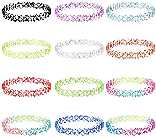 LUTER 12-teiliges Tattoo Halsketten Set, Buntes Tattoo Halsketten Set Niedliche Blumen Halsketten im 90er-Jahre-Stil Regenbogen Elastische Halskette für Frauen und Mädchen