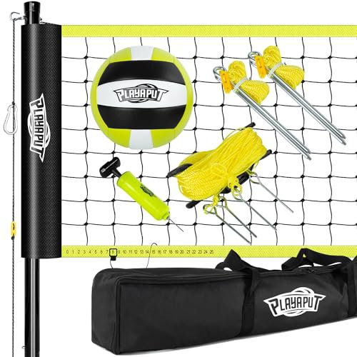 PLAYAPUT Volleyballnetz Outdoor - Tragbares Volleyball-Set für Hinterhof mit professionellem Volleyballnetz, weichem Volleyball und Pumpe, Begrenzungslinie, Tragetasche