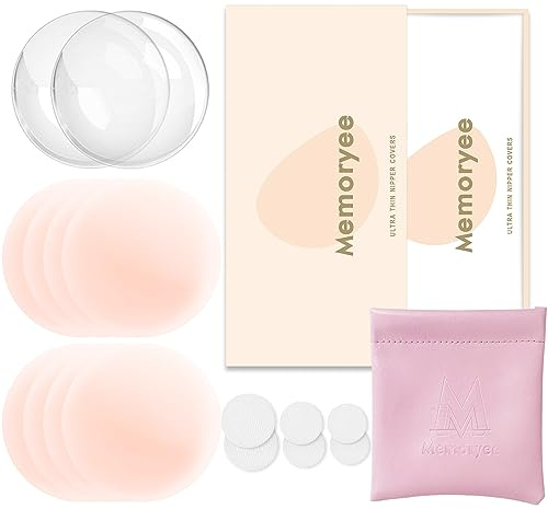 Memoryee Nippelpads, Ultra Dünne Damen Nippel Cover mit Brustwarzenschutz Wiederverwendbar und Waschbare Selbstklebende Brustwarzen Nippelabdeckung aus Hochwertigem Silikon [8 cm]/Champagne/4