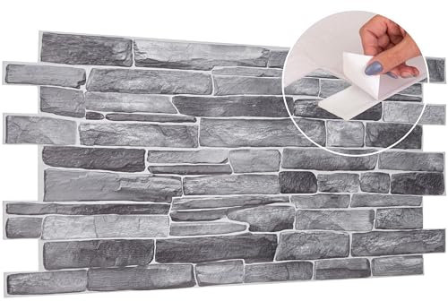 3D Wall Panels Self Adhesive - 4 Sheets Covering 1.84 sqm | 19.84 sqf - PVC Wall Cladding Panels | Stone Cladding Effect | Easy Peel & Stick | Natural Grey Rock Stone Design