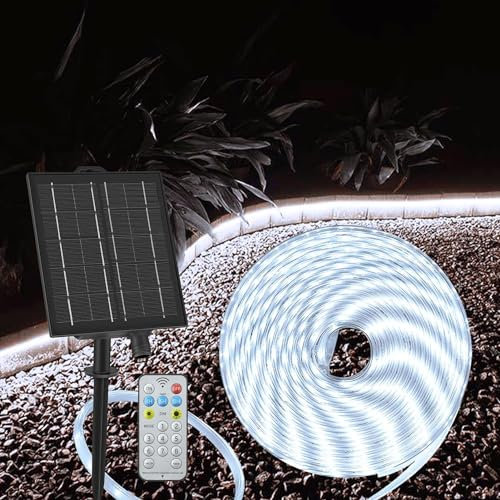ZAIYW 10M Bande LED Solaire Extérieur, IP68 Étanche, avec Télécommande & Minuterie, Auto-adhésive & Découpable pour Camping, Piscine & Terrasse (Blanc Froid)