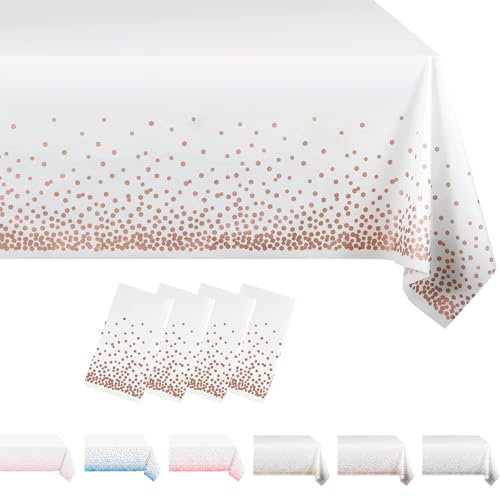 MORAINJAY 4 pz Bianco Tovaglia a Pois in Rosa Oro,Antimacchia Impermeabile Feste Tovaglia in Plastica,137x274cm Rettangolare Tovaglia per Natalizia Party,Interni Esterni Giardino Ristorante Decor