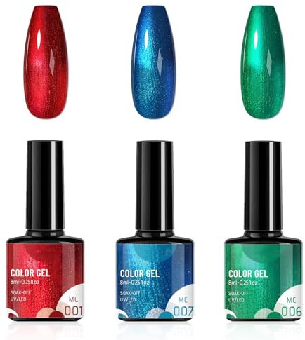 Gel Nail Polish Set, 3Color Metallic Nail Varnish Kit, Soak-Off UV/LED Salon Glossy Nail Art Polish, Red Blue Green Metallic Painted Gel Polish for DIY French Manicure At Home