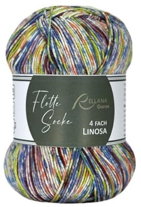 Rellana Flotte Socke 4f. Woolfree Linosa,93% Polyacryl und 7% Stretch-Polyester,100 g = ca. 420 m (1833 jeans-flieder-pistazie-braun)