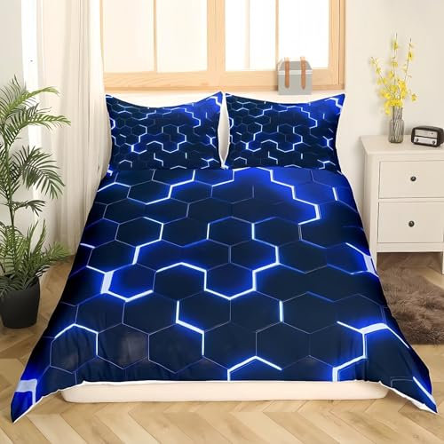Tabeskly Hexagon Raum Geometrie Jungen BettwäSche Kinder KinderbettwäSche Bed Duvet Cover Bedding Set Schwarz Blau 135×200cm