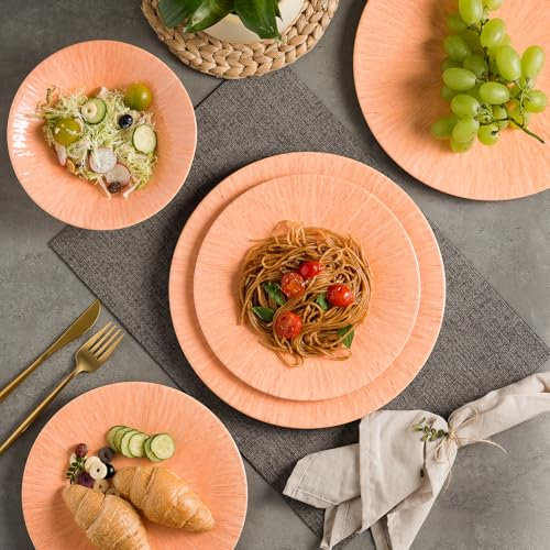 MissYIP 12 Pcs Melamine Dinnerware Set - Unbreakable Melamine Dish Set Setervice for 4,Dishwasher Safe Melamine Plates and Bowls - Ideals for Party, Camping,Indoor and Outdoor Use(Orange)