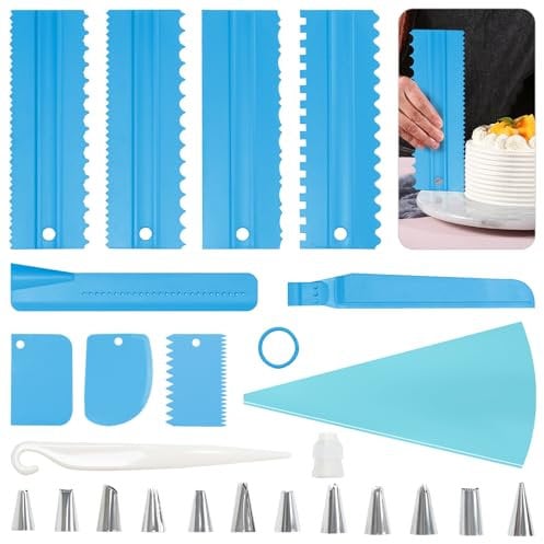 Prebarfun 23 Piezas Manga Pastelera Set, 9 Espatulas Reposteria, Raspador de Pastel Ajustable s para Tartas,12 Boquillas Manga Pastelera de Acero Inoxidable para Reposteria Utensilios, Cupcakes,Tartas