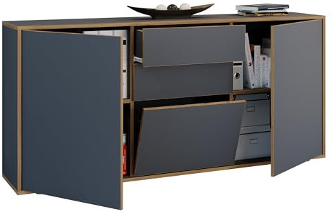 VCM Holz Kommode | Sideboard mit Drehtüren, Schubladen und Einer Klappe | Büromöbel | Maße ca. H. 74 x B. 160 x T. 33cm - Salia
