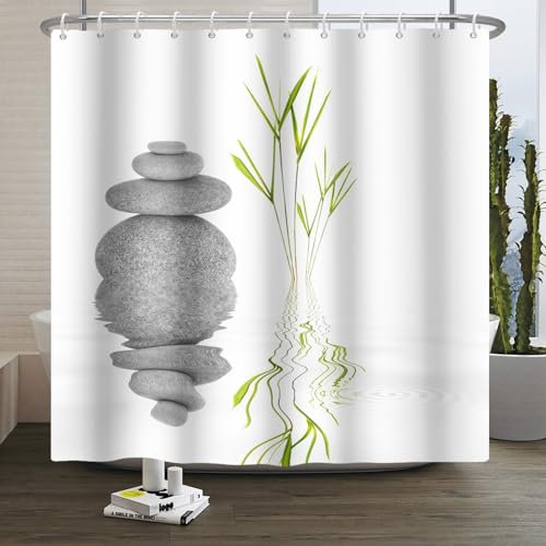 Xiaoterna Spa Garden Shower Curtain Zen Stone Shower Curtain Zen Spa Peace Meditation Shower Curtain Japanese Spa Stones Grass Water Shower Curtain Machine Washable Waterproof Fabric 180x200cm