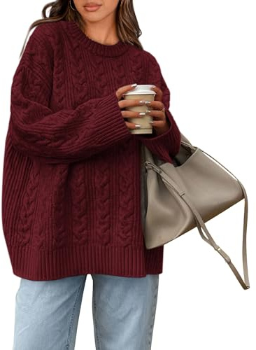 Okiwam Women's Oversized Sweaters Crewneck Cable Knit Pullover,Wine Red,L