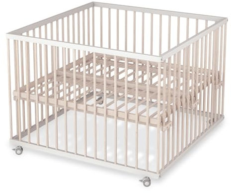 Sämann Laufstall Baby mit Lattenrost und 3 Schlupfsprossen | stufenlos höhenverstellbar | Laufgitter Premium | Babybett aus Holz | Krabbelgitter (weiß/natur, 120x120 cm)