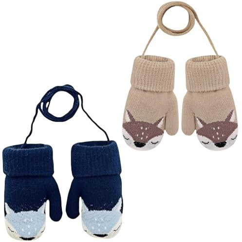 SDXCJY 2 Paar Kinder Gestrickt Handschuhe,Kinder Fäustlinge an Zeichenfolge für Kleinkind Winter Gestrickt Fäustlinge Warm Vlies Handschuhe für Kinder 0-3 Jahre. (Fuch-sblau, Fuch-skhaki)