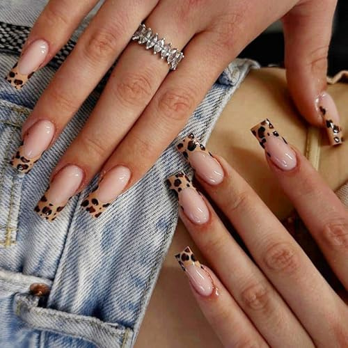 24x Lange Sarg Press on Nails Leopard Druck Falsche Nägel Herbst Full Cover Stick On Nails Künstliche Nägel für Frauen