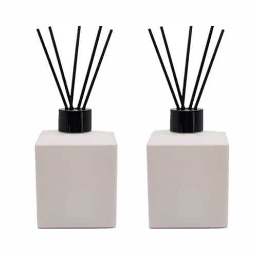 2PCS 200ml Reed Glass Diffuser Set,Essential Oil Container,6.7oz Refillable Empty Glass Bottles with Sticks,Diffuser Jars for Home Oil Fragrance Matte White (200ml Square)