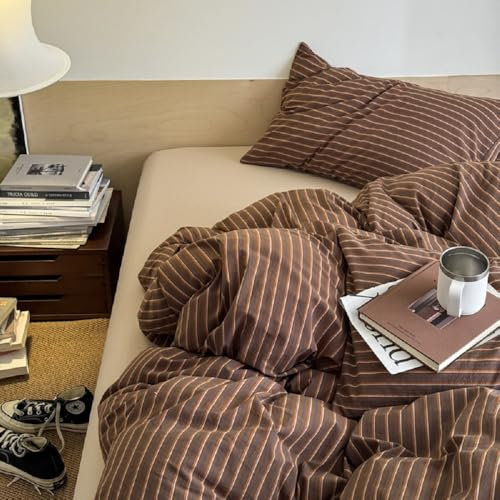 Lanqinglv Bettwäsche 200x220 cm Braun Gestreift Allergiker Bettwäsche aus Microfaser, ÖKO-TEX Bettwäsche Set - Bettbezug mit Reißverschluss und 2 Kissenbezug 80x80 cm