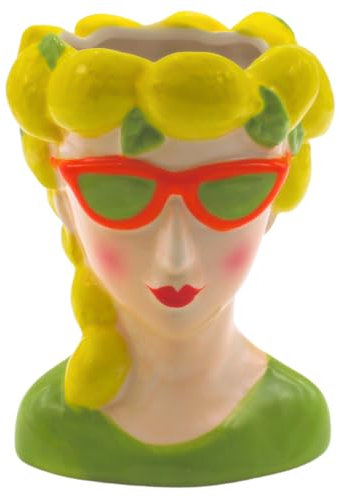 XL Dekovase, Vasenkopf, Frauenvase, Vase als Frau mit Zitronenkopfschmuck, Blumenvase als Zitronenmädchen, Keramikvase Zitrone, Vase Frau mit Zitronen Dekor aus Keramik in bunt, L/B/H 12 x 12 x 17 cm.