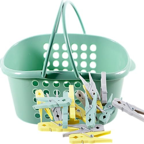 Wäscheklammern Set mit Klammerkorb | 50 stabile Wäscheklammern mit rutschfestem Griff | UV-beständig, farbecht, BPA-frei | Klammerkorb mit Henkeln & Belüftung | Wäschezubehör aus Kunststoff