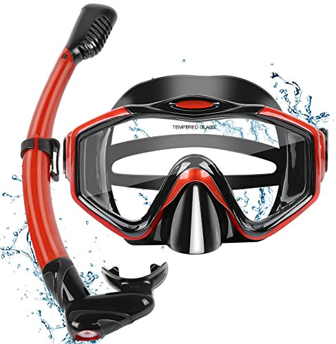 KUYOU Snorkeling Gear for Adults, Dry Top Snorkel Set 180° Panoramic View Snorkel Mask Set (Metallic Red)