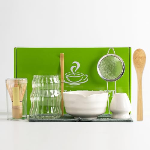 Set of 8 Matcha Set Whisk and Bowl, Matcha Whisk Set with Matcha Cup, Scoop, Sifter & Cloth, White Matcha Kit for Japanese Tea Ceremony