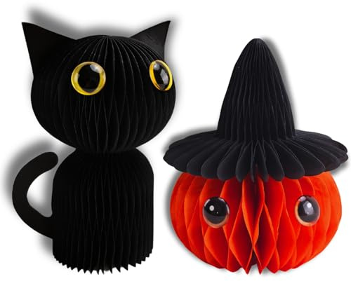 Keepatyart Halloween-Tischdekorationen aus Papier: schwarze Katze und Kürbis mit Hexenhut, 15 cm, Tischdekoration für Zuhause, Schreibtisch, Kaminsims